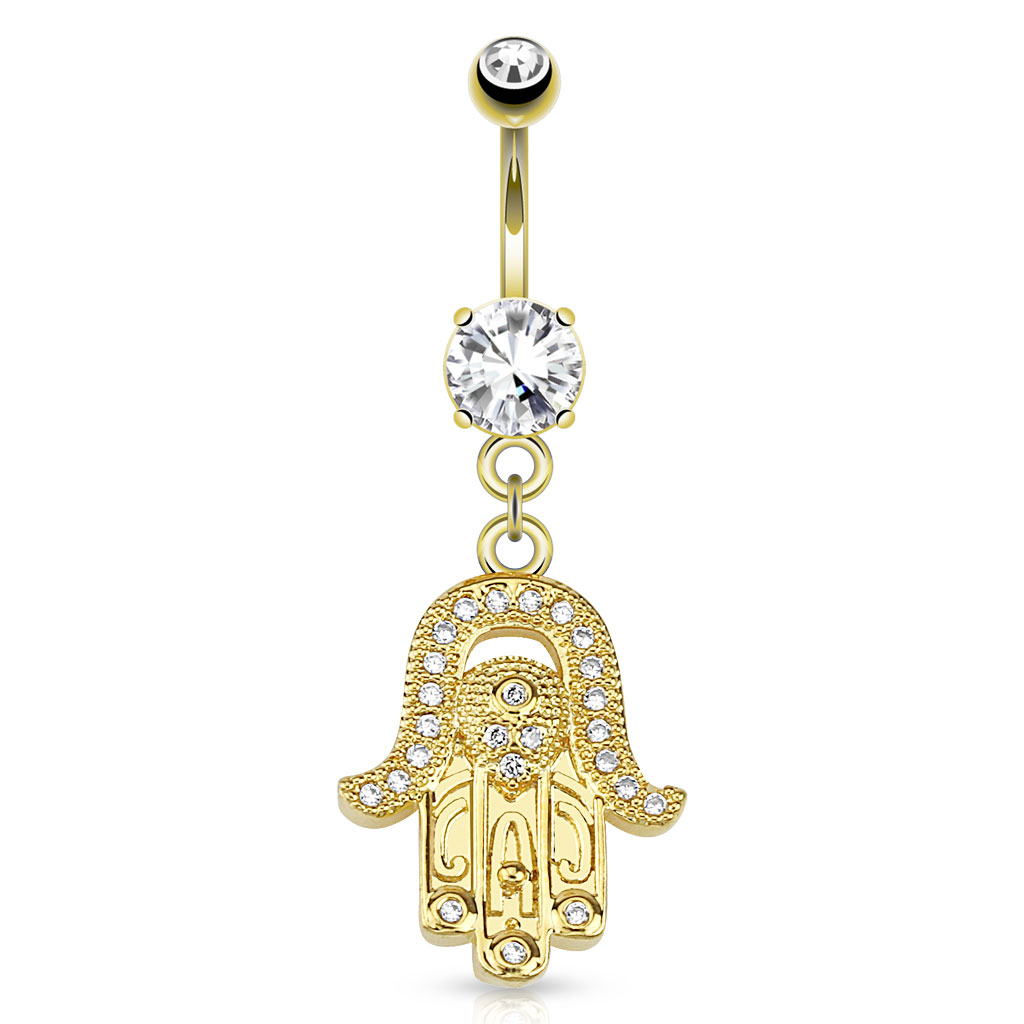 Köldök piercing arany bevonattal, hamsa kéz medállal