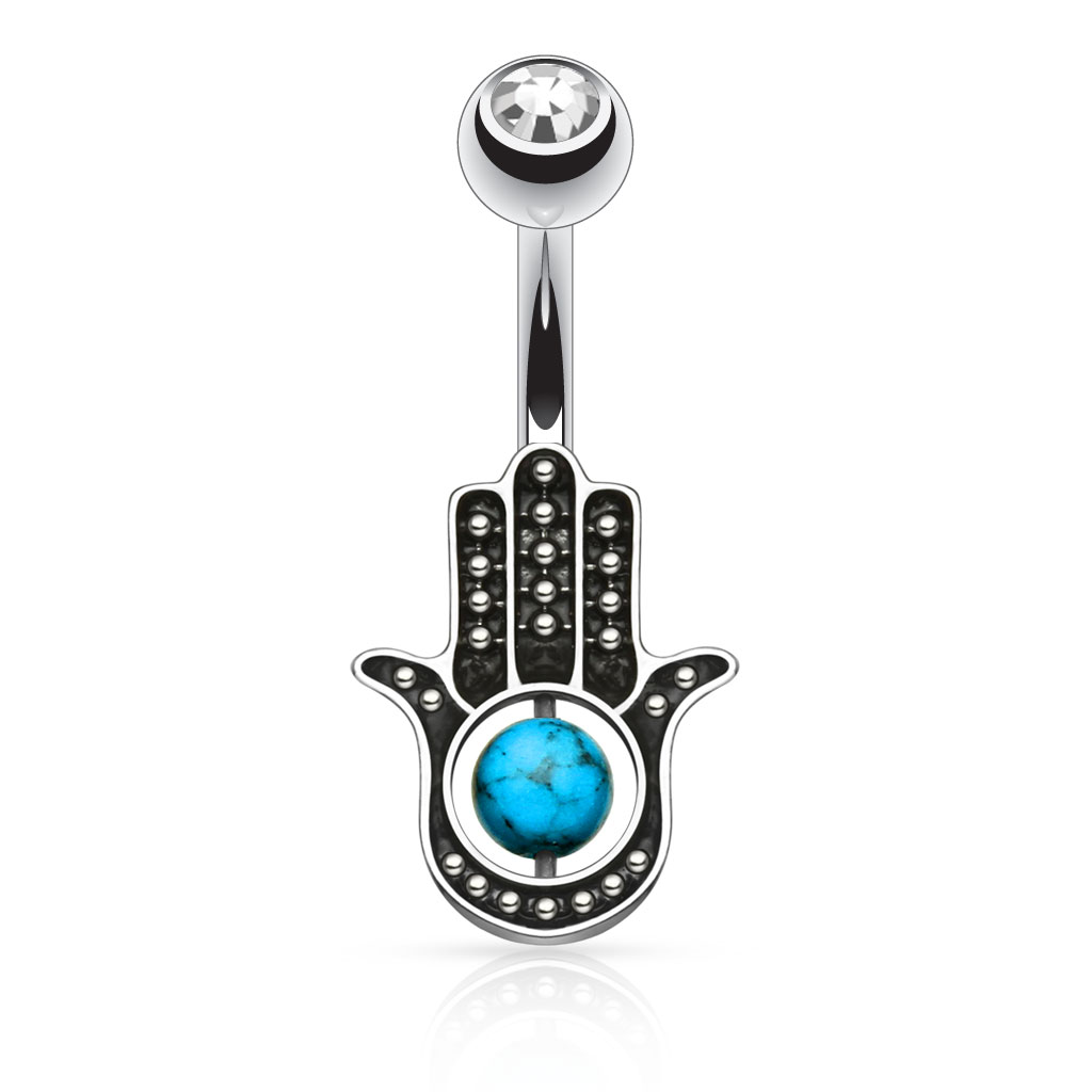 Köldök piercing türkiz kővel, hamsa medállal