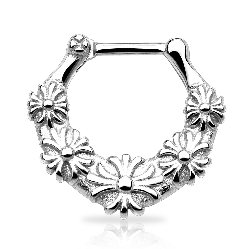 Septum piercing orvosi acélból, virág mintás díszítéssel